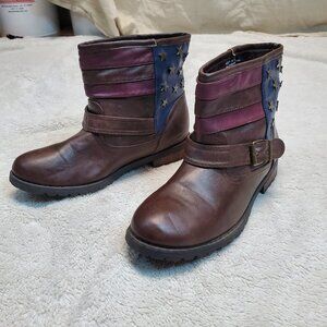 Bamboo Brown Faux‎ Leather American Flag Patriotic Brass Ankle Boots Shoes 8.5